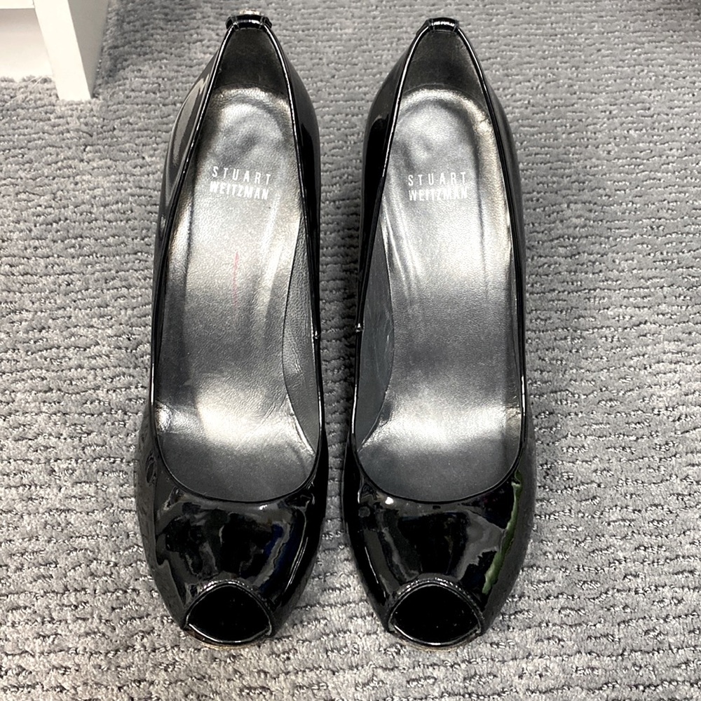 Stuart Weitzman Size 8.5 Black patent leather peep toe high heels